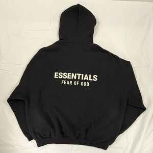 Fear of God Essentials Hoodie Black Back Logo Oversized Sweatshirt Mens XL